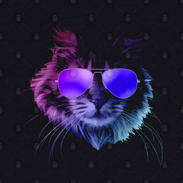 Cool Furry Cat with Sunglasses In Neon by Nerd_art